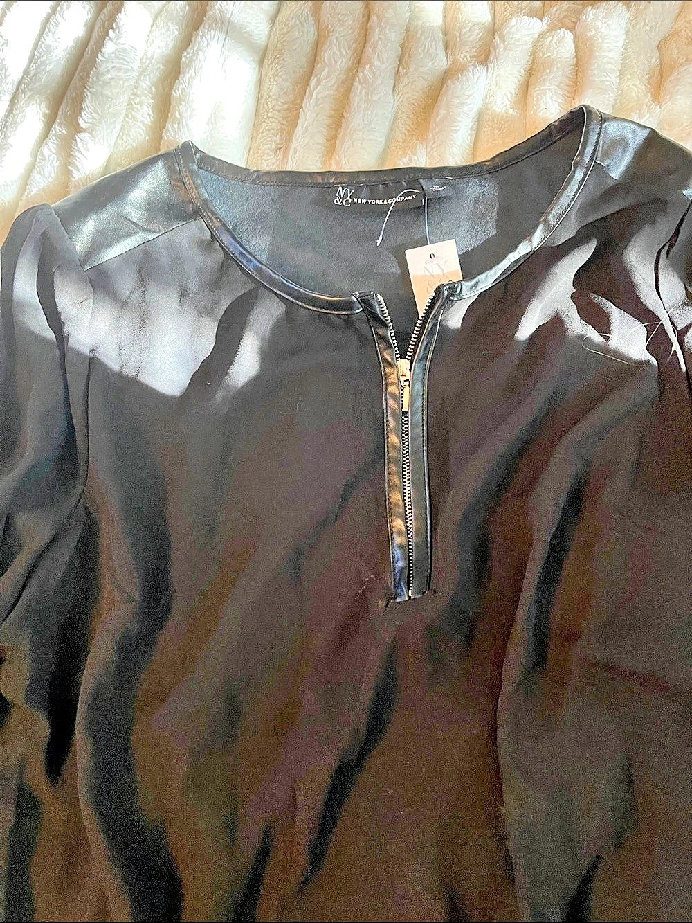 INC International Concepts Black Zip Neck Blouse Size Medium NWT